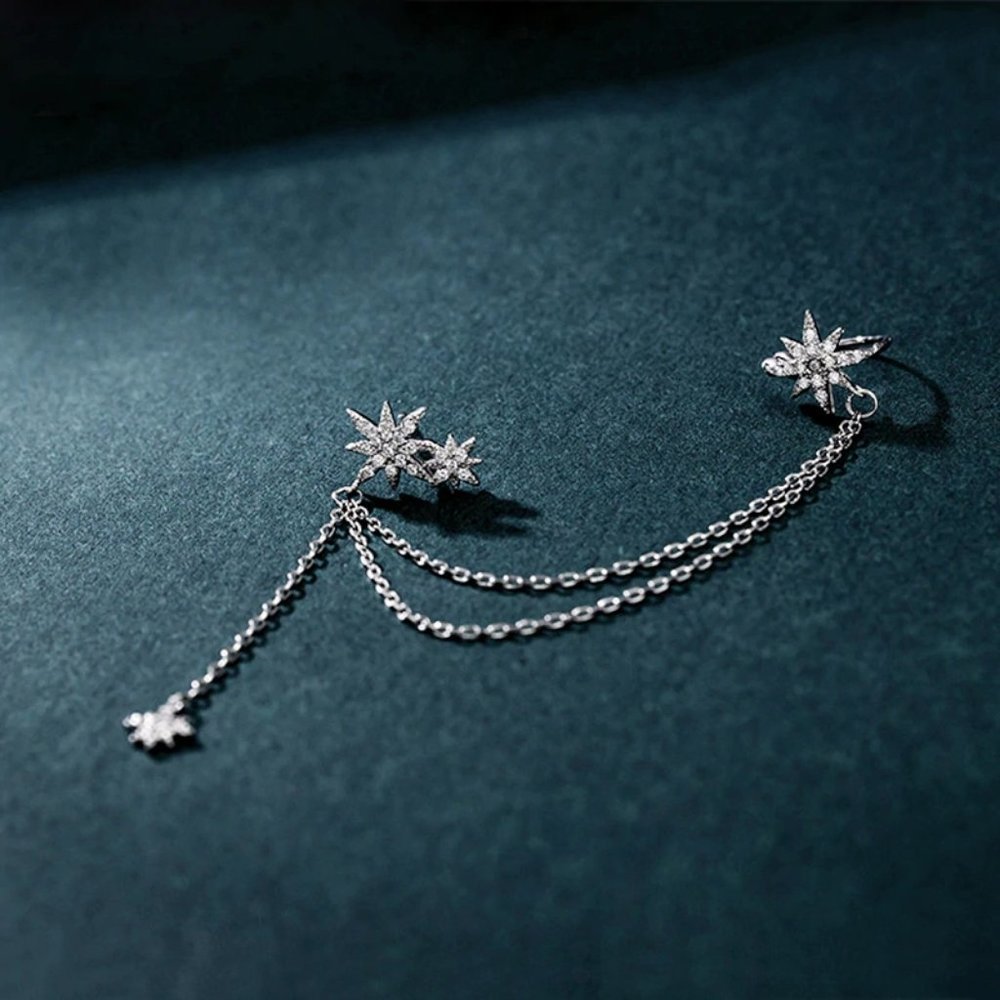 925 Sterling Silver Diamond Star Chain Earrings - Picture 5 of 8